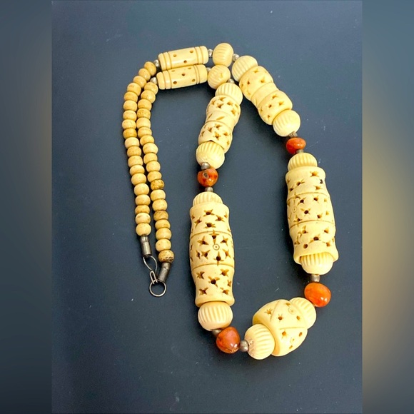 Vintage Hand Carved Necklace with Silver Beads & Natural Stones - Picture 4 of 4